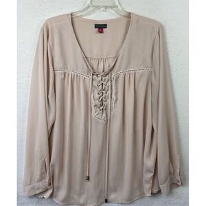 Vince Camuto Women's Sheer Lace Up Pullover Long Sleeve Blouse, Pink, XL